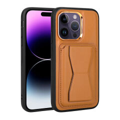 iPhone 14 Pro Max Kılıf Kartlıklı Standlı ​Deri Memo Kapak Kahve Açık