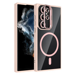 Samsung Galaxy S22 Ultra Kılıf Standlı ve Kamera Lens Hediyeli Kablosuz Şarj Özellikli Etro Kapak Pembe