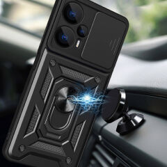 Xiaomi Poco F5 Kılıf Magnetik Standlı Kamera Korumalı Sürgülü Vega Kapak Kılıf Siyah
