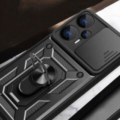 Xiaomi Poco F5 Kılıf Magnetik Standlı Kamera Korumalı Sürgülü Vega Kapak Kılıf Siyah