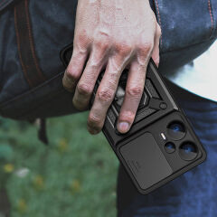 Xiaomi Poco F5 Kılıf Magnetik Standlı Kamera Korumalı Sürgülü Vega Kapak Kılıf Siyah