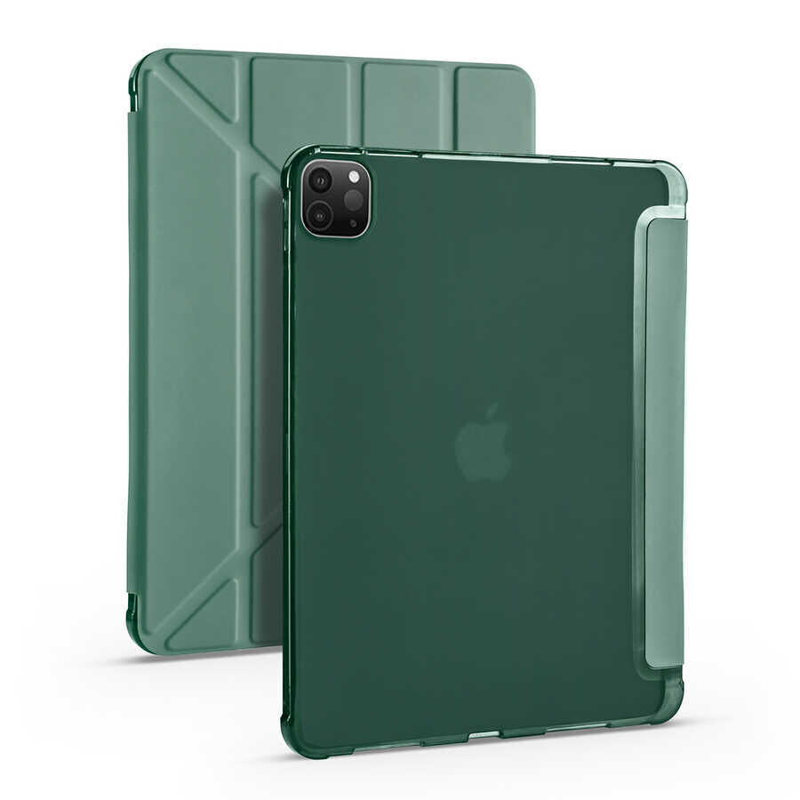 iPad Pro 11 2020 (2.Nesil) Kılıf Tri Folding Kalem Bölmeli Standlı Kılıf Koyu Yeşil