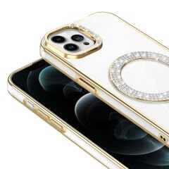 iPhone 12 Kılıf Pırlanta Taş Tasarımlı Kablosuz Şarj Özellikli Karetta Silikon Kapak