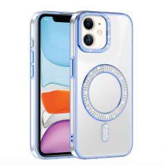 iPhone 12 Kılıf Pırlanta Taş Tasarımlı Kablosuz Şarj Özellikli Karetta Silikon Kapak Mavi