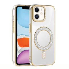 iPhone 12 Kılıf Pırlanta Taş Tasarımlı Kablosuz Şarj Özellikli Karetta Silikon Kapak Gold