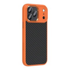 iPhone 17 Pro Max Kılıf Kablosuz Şarj Özellikli Karbon Fiber Görünümlü Truva Silikon Kapak Turuncu