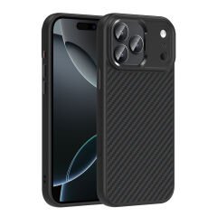 iPhone 17 Pro Max Kılıf Kablosuz Şarj Özellikli Karbon Fiber Görünümlü Truva Silikon Kapak