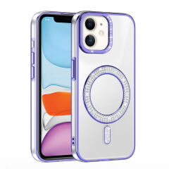 iPhone 12 Kılıf Pırlanta Taş Tasarımlı Kablosuz Şarj Özellikli Karetta Silikon Kapak Mor