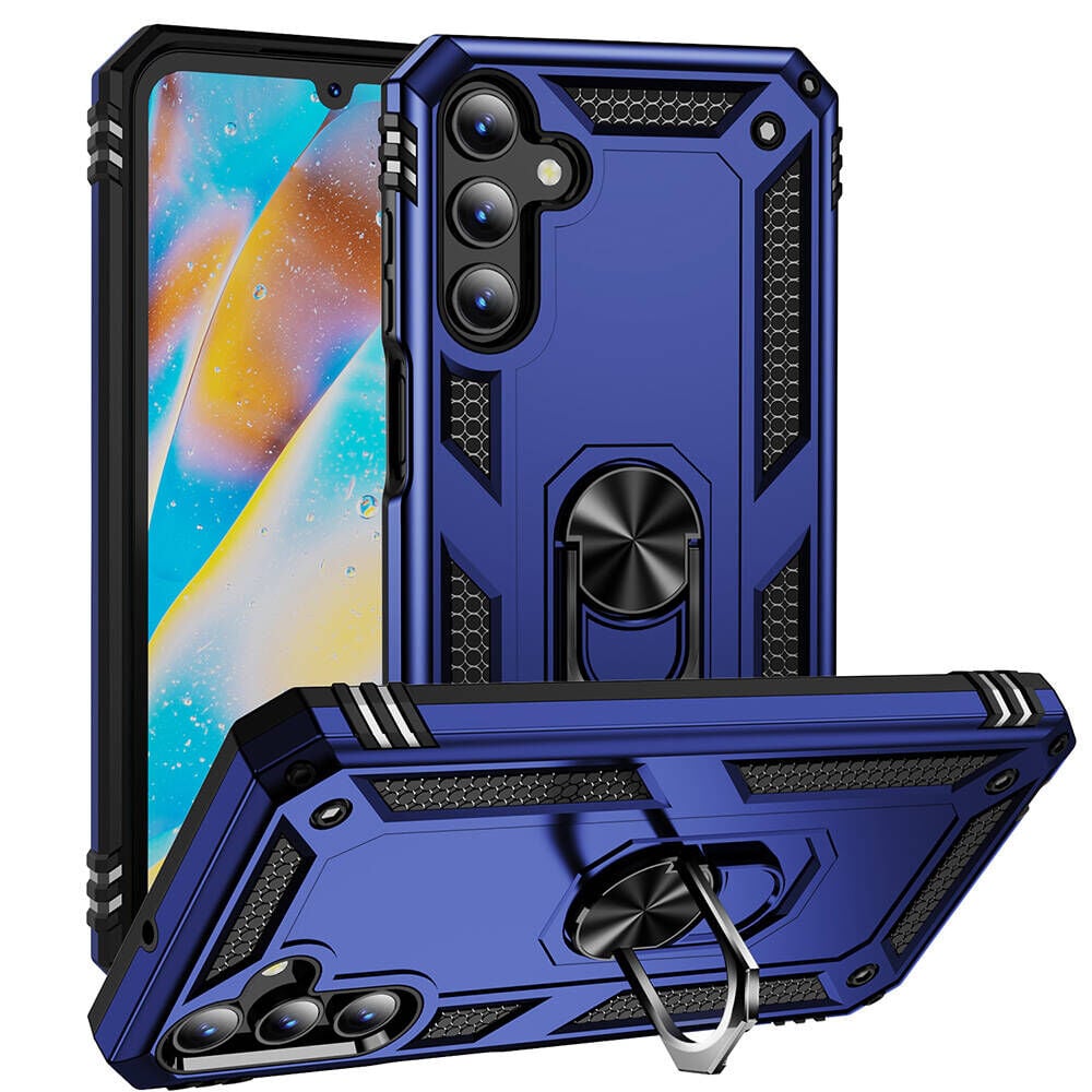 Samsung Galaxy A15 Kılıf Vega Tank Sert Yüzüklü Standlı Zırh Koruma Kapak Mavi