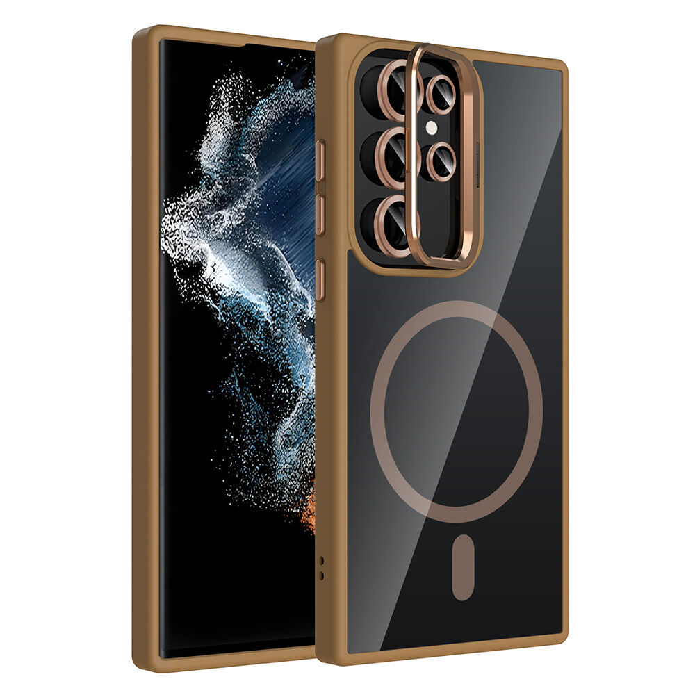 Samsung Galaxy S23 Ultra Kılıf Standlı ve Kamera Lens Hediyeli Kablosuz Şarj Özellikli Etro Kapak Desert Titanyum