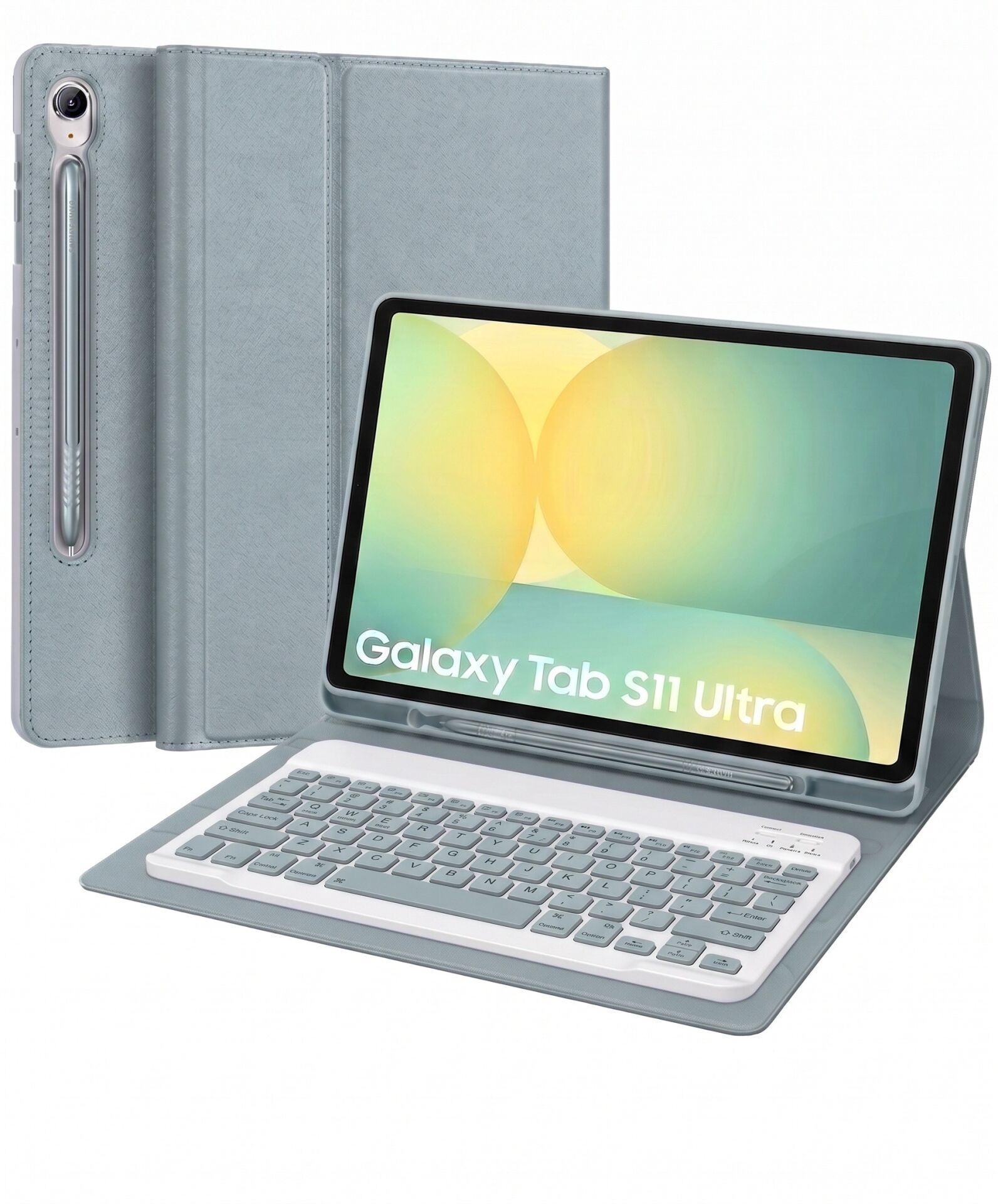 Samsung Galaxy Tab S11 Ultra Uyumlu Tablet Klavyeli Kılıf Kablosuz Bluetooth Q Klavyeli Standli Kalem Bölmeli Kılıf Mavi