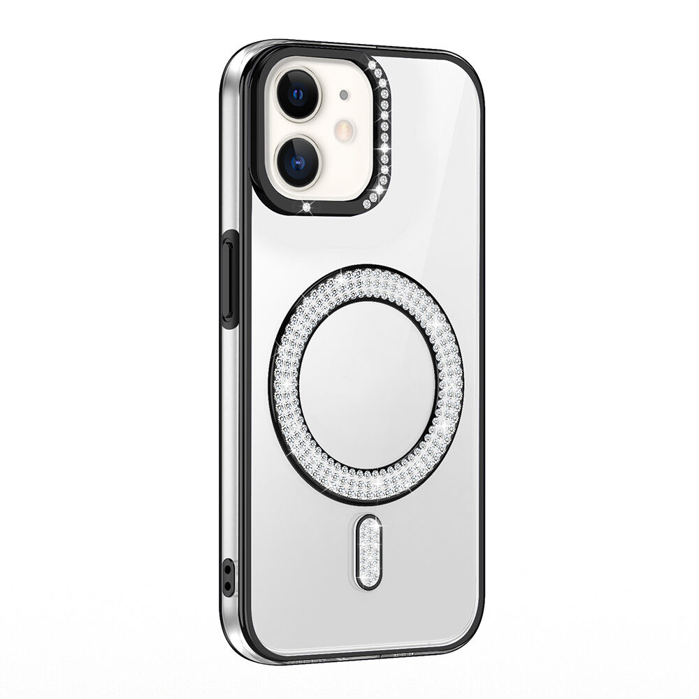 iPhone 11 Kılıf Pırlanta Taş Tasarımlı Kablosuz Şarj Özellikli Karetta Silikon Kapak Siyah
