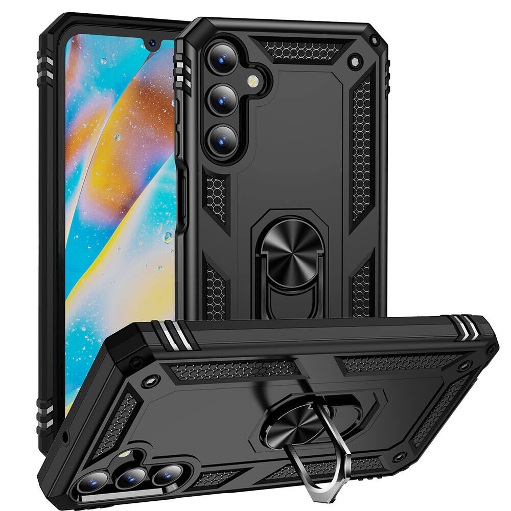 Samsung Galaxy A15 Kılıf Vega Tank Sert Yüzüklü Standlı Zırh Koruma Kapak Siyah
