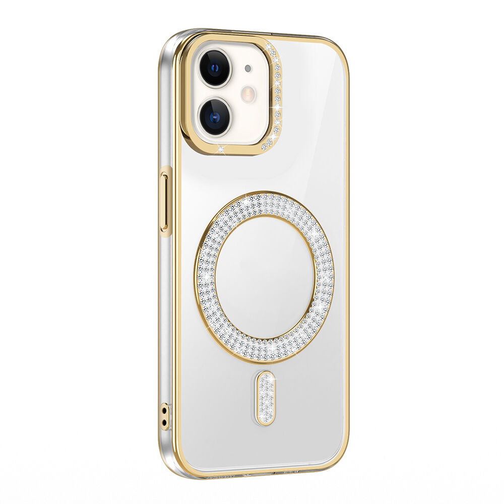 iPhone 11 Kılıf Pırlanta Taş Tasarımlı Kablosuz Şarj Özellikli Karetta Silikon Kapak Gold
