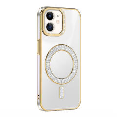 iPhone 11 Kılıf Pırlanta Taş Tasarımlı Kablosuz Şarj Özellikli Karetta Silikon Kapak Gold
