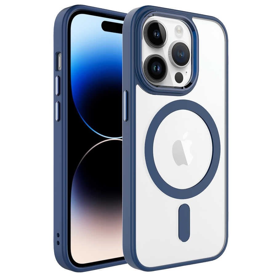 iPhone 14 Pro Kılıf Wireless Şarj Özellikli Krom Magsafe Silikon Kapak Lacivert