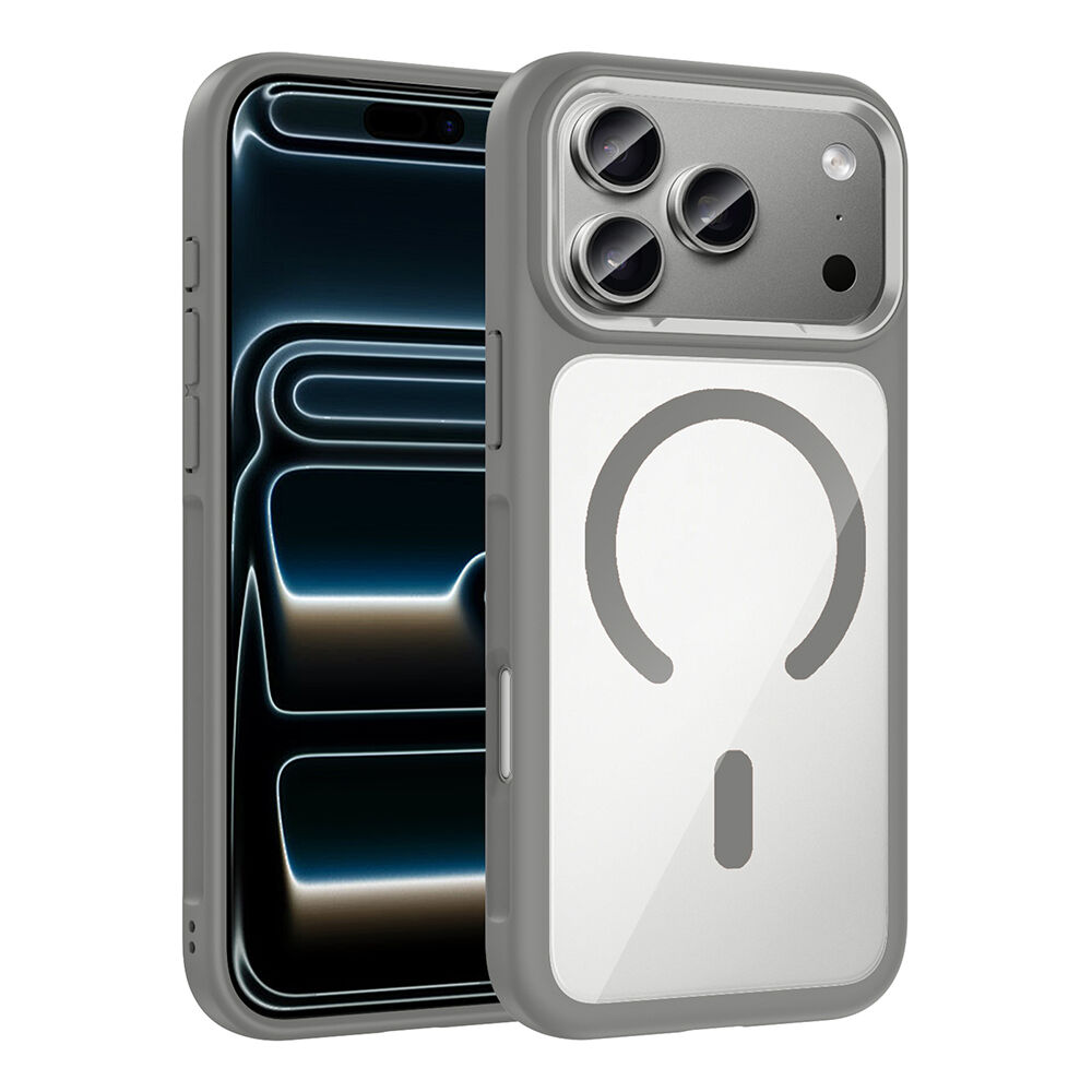 iPhone 17 Pro Max Kılıf Kablosuz Şarj Özellikli Metal Kamera Çerçeveli Tiko Kapak Gri