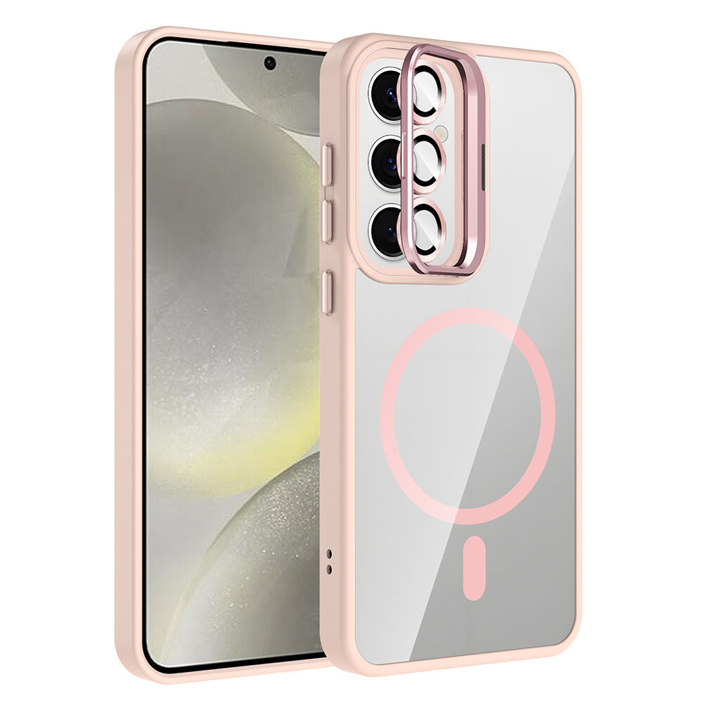 Samsung Galaxy S24 Kılıf Standlı ve Kamera Lens Hediyeli Kablosuz Şarj Özellikli Etro Kapak Pembe