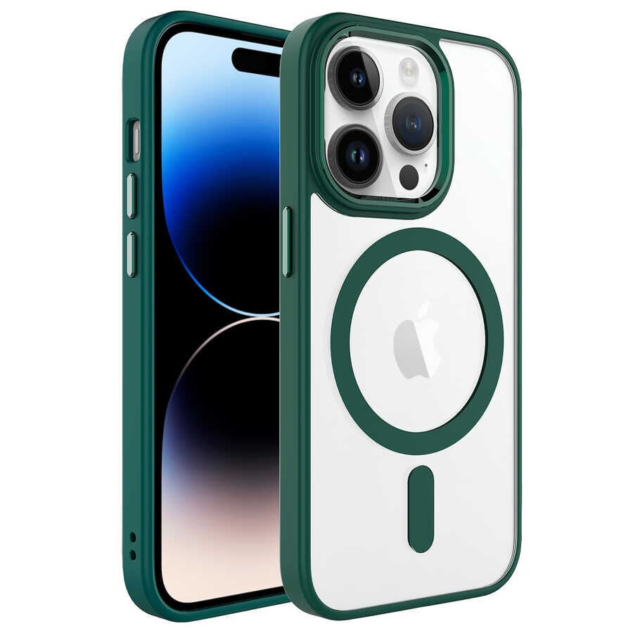 iPhone 14 Pro Kılıf Wireless Şarj Özellikli Krom Magsafe Silikon Kapak Koyu Yeşil