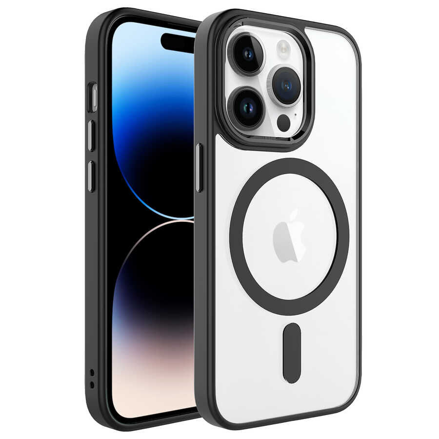 iPhone 14 Pro Kılıf Wireless Şarj Özellikli Krom Magsafe Silikon Kapak Siyah