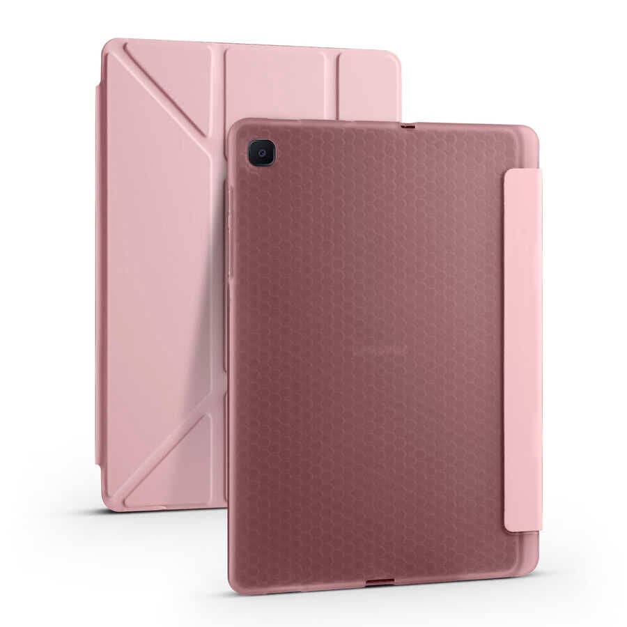 Samsung Galaxy Tab S6 Lite P610 Kılıf Tri Folding Kalem Bölmeli Standlı Kılıf Rose Gold