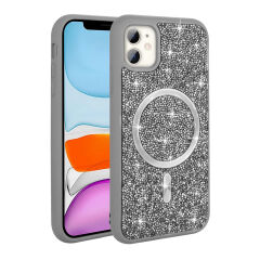 iPhone 11 Kılıf Pırlanta Tasarımlı Kablosuz Şarj Özellikli Mozaik Silikon Kapak Desert Titanyum