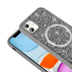 iPhone 11 Kılıf Pırlanta Tasarımlı Kablosuz Şarj Özellikli Mozaik Silikon Kapak