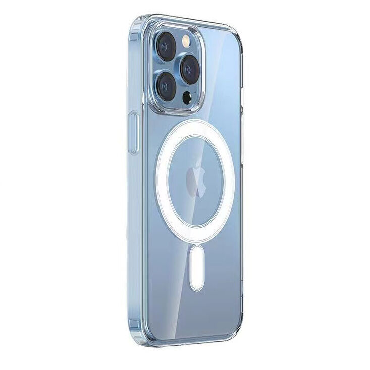 iPhone 14 Pro Max Kılıf Magsafe Şarj Özellikli Şeffaf Sert PC Embos Kapak Renksiz