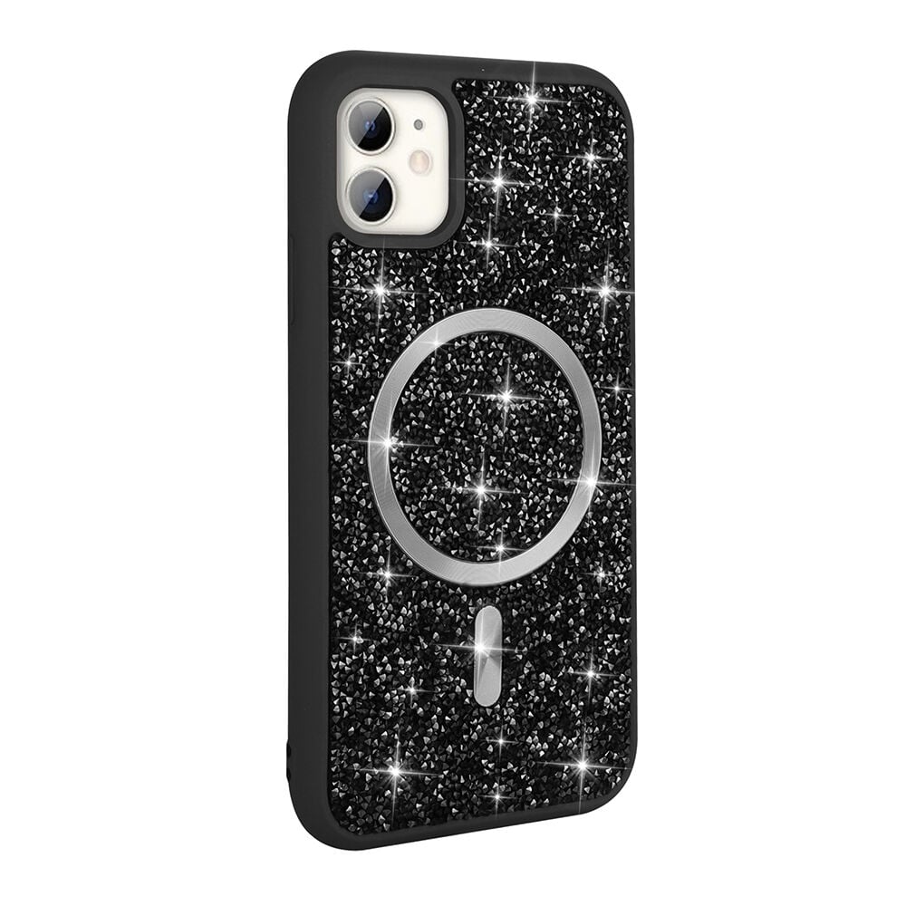 iPhone 11 Kılıf Pırlanta Tasarımlı Kablosuz Şarj Özellikli Mozaik Silikon Kapak Siyah