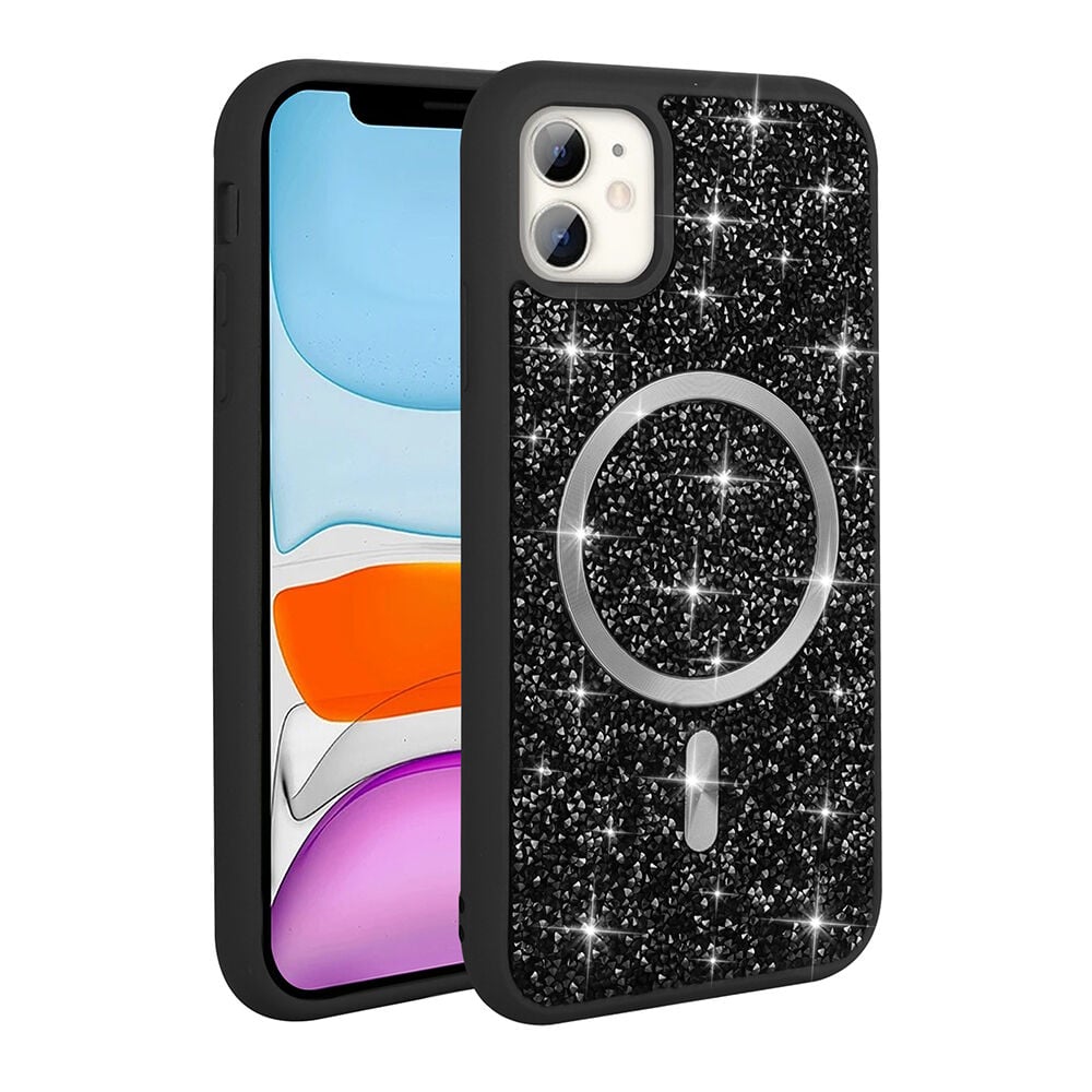 iPhone 11 Kılıf Pırlanta Tasarımlı Kablosuz Şarj Özellikli Mozaik Silikon Kapak Titanyum-Gri