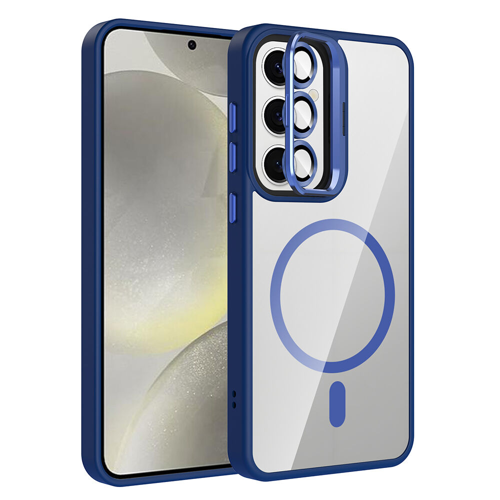 Samsung Galaxy S24 FE Kılıf Standlı ve Kamera Lens Hediyeli Kablosuz Şarj Özellikli Etro Kapak Lacivert
