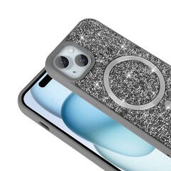 iPhone 13 Kılıf Pırlanta Tasarımlı Kablosuz Şarj Özellikli Mozaik Silikon Kapak