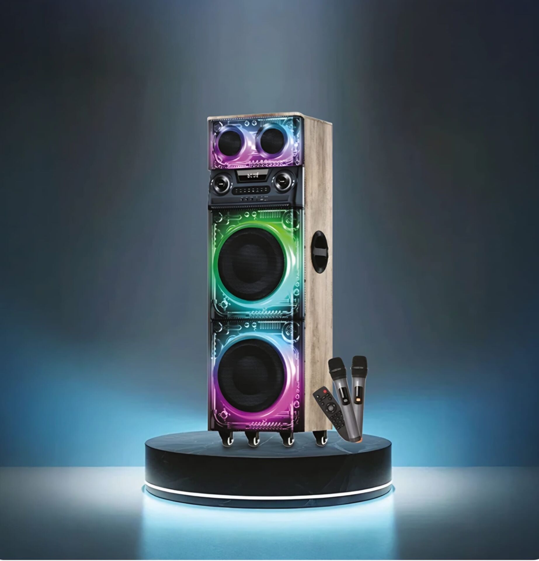 Premium Ahşap Tasarımlı Çift Mikrofonlu 200W RGB Işıklı Bluetooth Kule Tipi Karaoke Parti Hoparlörü ve Ses Sistemi