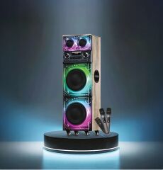 Premium Ahşap Tasarımlı Çift Mikrofonlu 200W RGB Işıklı Bluetooth Kule Tipi Karaoke Parti Hoparlörü ve Ses Sistemi