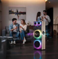 Premium Ahşap Tasarımlı Çift Mikrofonlu 200W RGB Işıklı Bluetooth Kule Tipi Karaoke Parti Hoparlörü ve Ses Sistemi