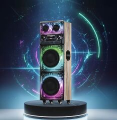 Premium Ahşap Tasarımlı Çift Mikrofonlu 200W RGB Işıklı Bluetooth Kule Tipi Karaoke Parti Hoparlörü ve Ses Sistemi
