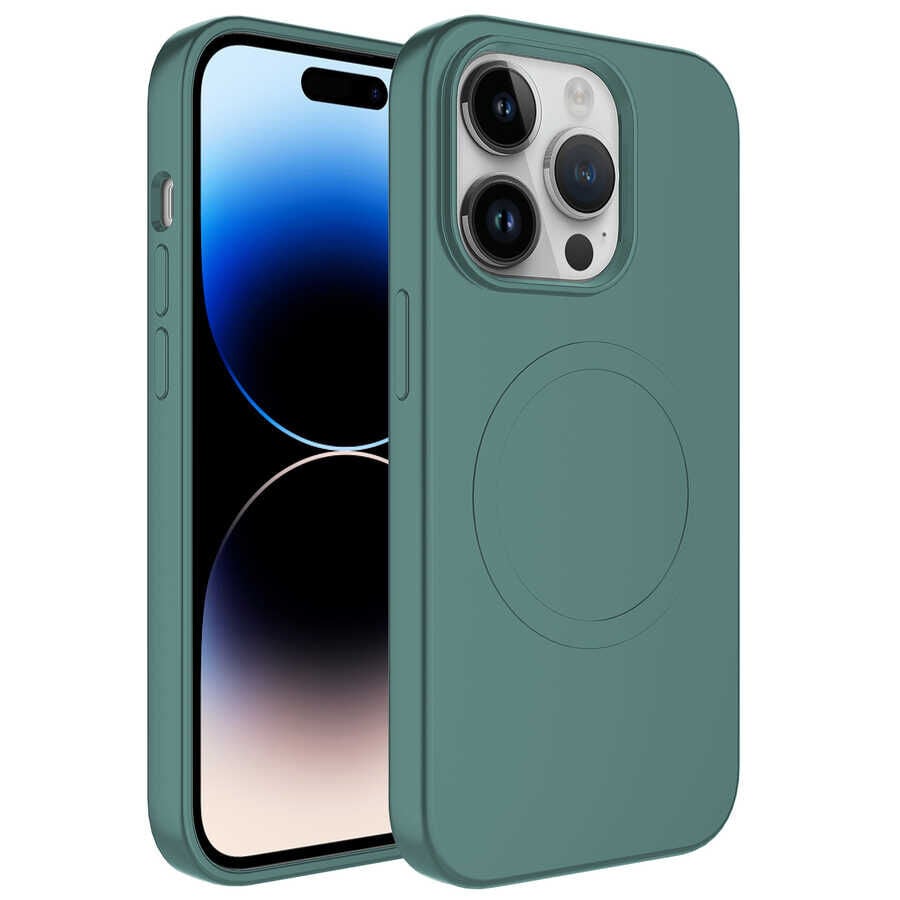 iPhone 14 Pro Max Kılıf Magsafe Wireless Şarj Özellikli Pastel Renk Silikon Plas Kapak Koyu Yeşil