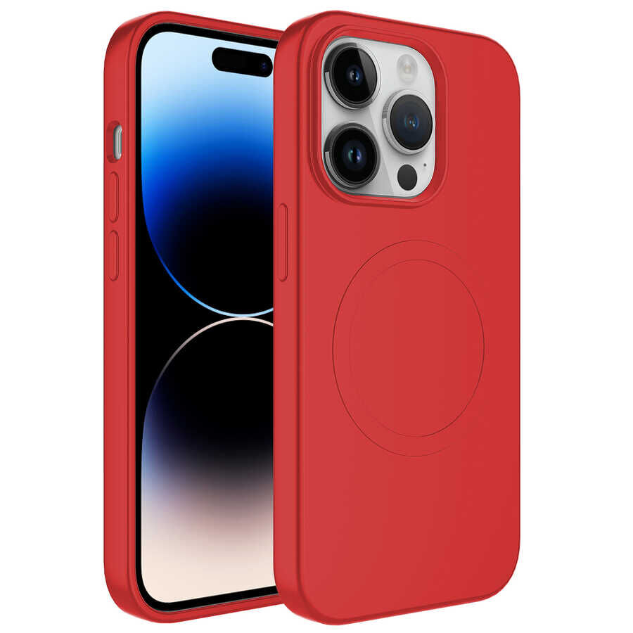 iPhone 14 Pro Max Kılıf Magsafe Wireless Şarj Özellikli Pastel Renk Silikon Plas Kapak Kırmızı