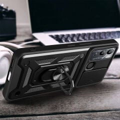 İnfinix Hot 20i Kılıf Magnetik Standlı Kamera Korumalı Sürgülü Vega Kapak Siyah