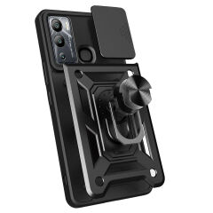 İnfinix Hot 20i Kılıf Magnetik Standlı Kamera Korumalı Sürgülü Vega Kapak Siyah