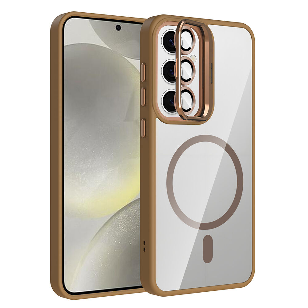 Samsung Galaxy S25 Kılıf Standlı ve Kamera Lens Hediyeli Kablosuz Şarj Özellikli Etro Kapak Desert Titanyum