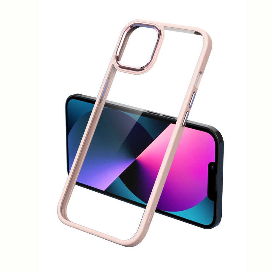 iPhone 13 Kılıf Renkli Silikon Kenarlı Krom Kapak Pembe Açık