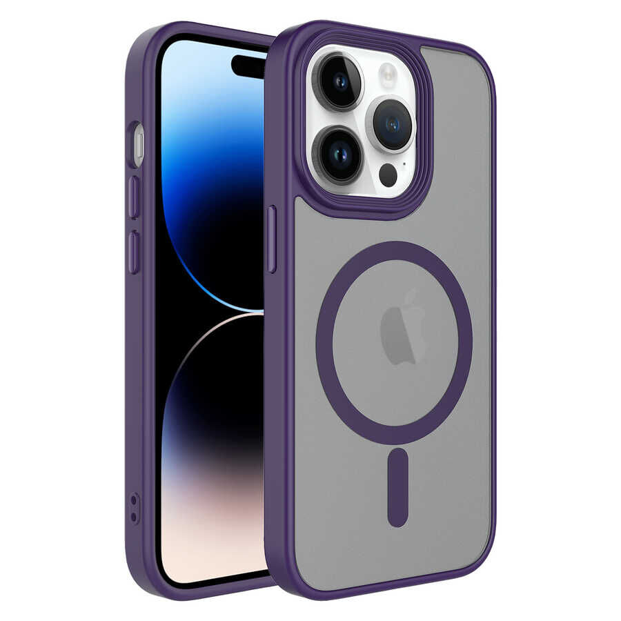 İPhone 14 Pro Max Kılıf Mat Arka Yüzey Wireless Şarj Özellikli Flet Magsafe Kapak Derin Mor