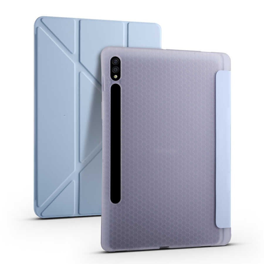 Samsung Galaxy Tab S7 Plus T970 Kılıf Tri Folding Kalem Bölmeli Standlı Kılıf Mavi