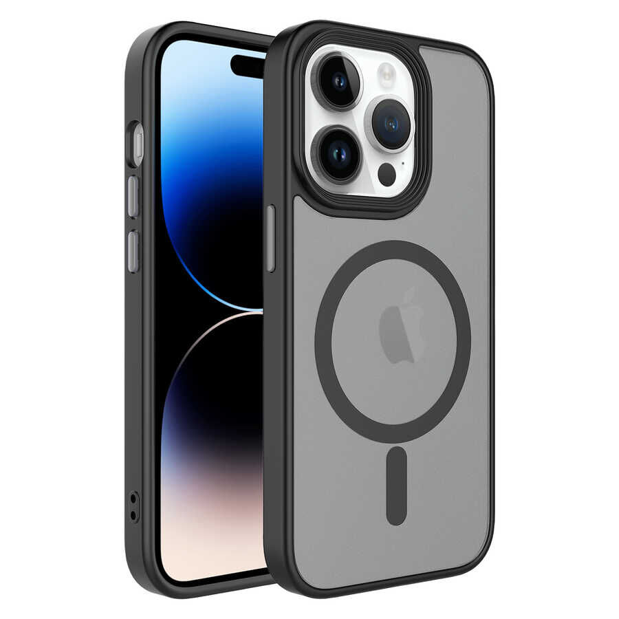 İPhone 14 Pro Max Kılıf Mat Arka Yüzey Wireless Şarj Özellikli Flet Magsafe Kapak Siyah