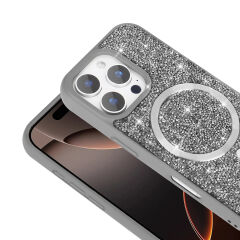 iPhone 16 Pro Max Kılıf Pırlanta Tasarımlı Kablosuz Şarj Özellikli Mozaik Silikon Kapak Desert Titanyum