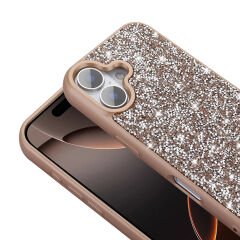 iPhone 16 Kılıf Parlak Taşlı Tasarım Pırlanta Kapak Gold