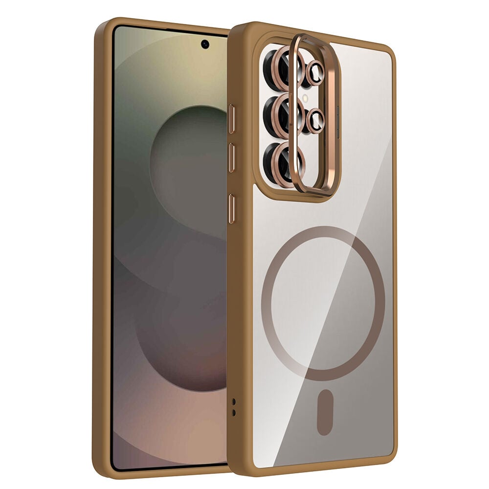 Samsung Galaxy S25 Ultra Kılıf Standlı ve Kamera Lens Hediyeli Kablosuz Şarj Özellikli Etro Kapak Desert Titanyum