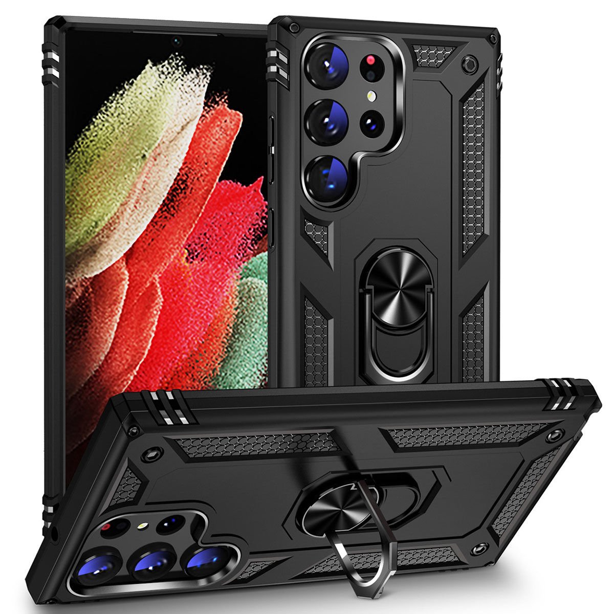 Samsung Galaxy S23 Ultra Kılıf Vega Tank Sert Yüzüklü Standlı Zırh Koruma Kapak Siyah