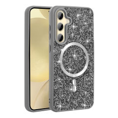 Samsung Galaxy S24 FE Kılıf Pırlanta Tasarımlı Kablosuz Şarj Özellikli Mozaik Silikon Kapak Siyah